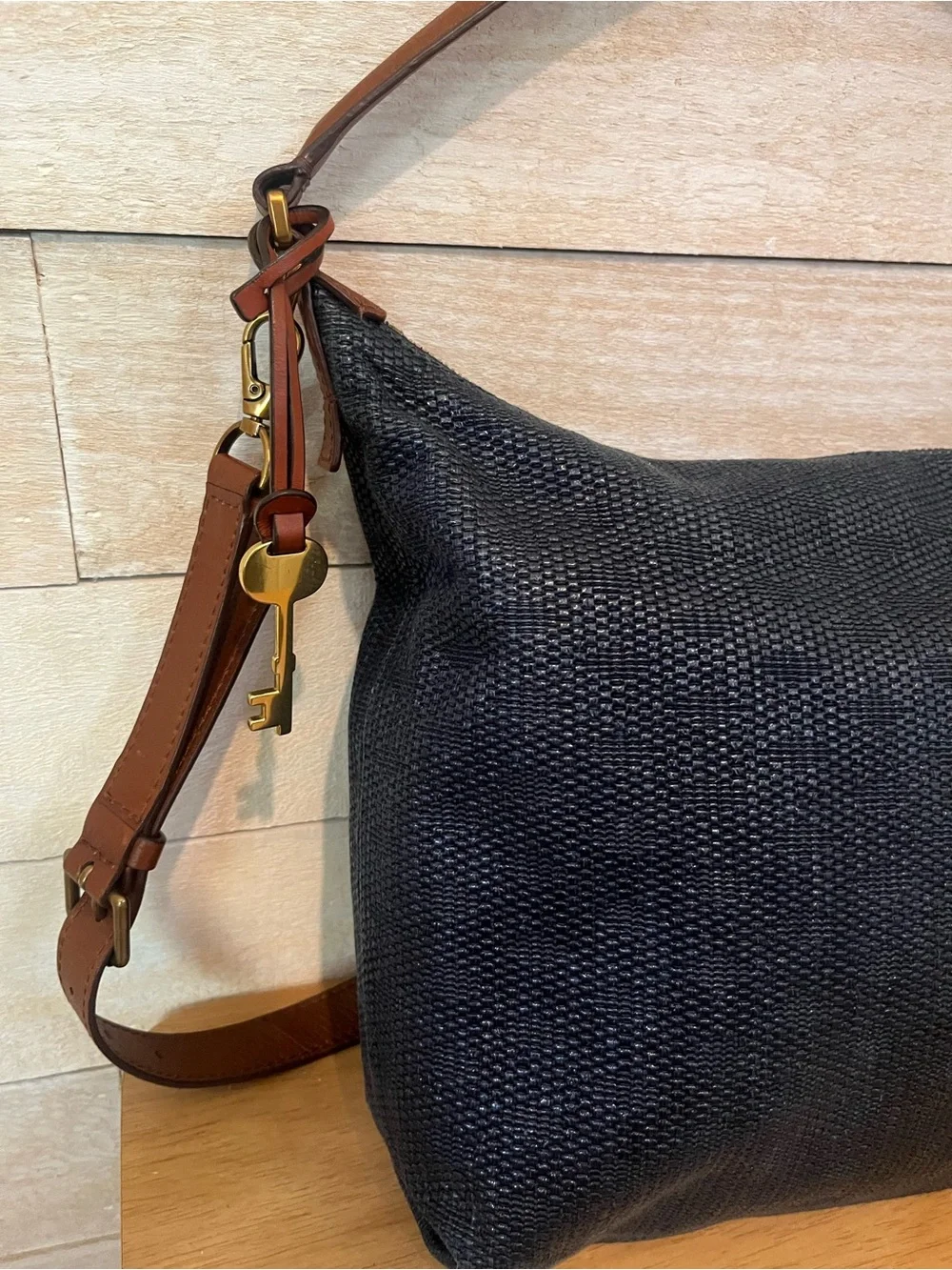 Fossil Woven Navy Hobo Shoulder Bag with Brown Leather Trim